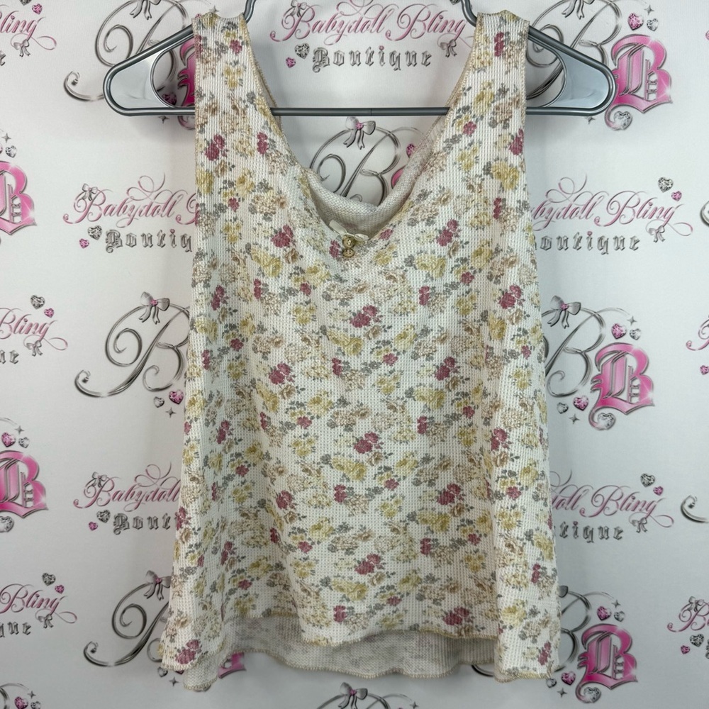 La SENZA tank top vintage thermal Floral waffle knit Tank Top - Cream and Pink